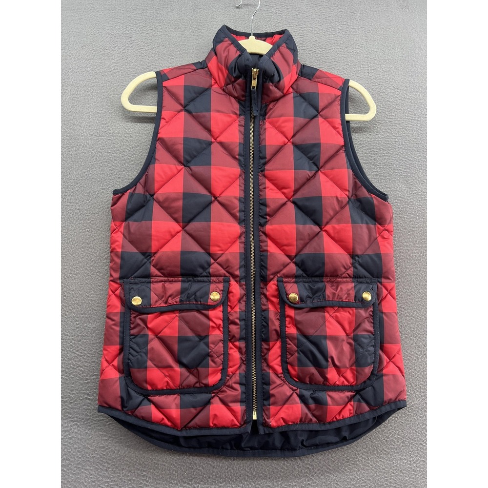 J.Crew Puffer Vest Womens XS Red Plaid Down Insulated Quilted Zip Pockets Winter